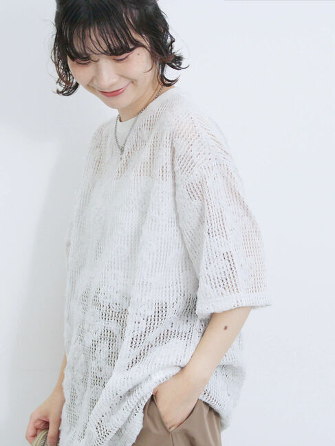 Samansa Mos2 blue「チュールフラワーコードTシャツ」|Tシャツ・カットソー|