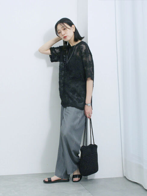 Samansa Mos2 blue「チュールフラワーコードTシャツ」|Tシャツ・カットソー|