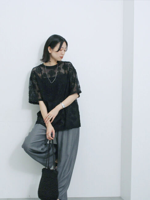 Samansa Mos2 blue「チュールフラワーコードTシャツ」|Tシャツ・カットソー|