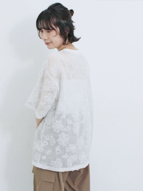 Samansa Mos2 blue「チュールフラワーコードTシャツ」|Tシャツ・カットソー|