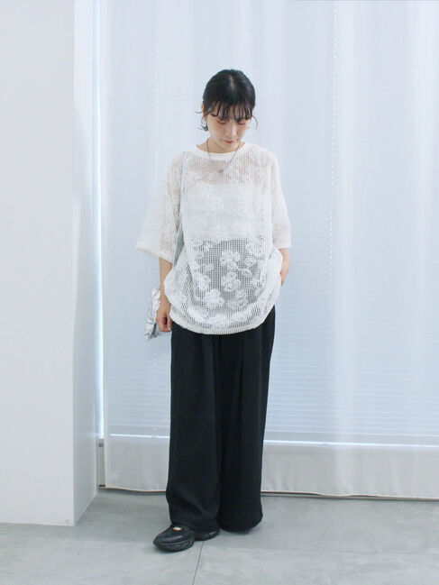 Samansa Mos2 blue「チュールフラワーコードTシャツ」|Tシャツ・カットソー|