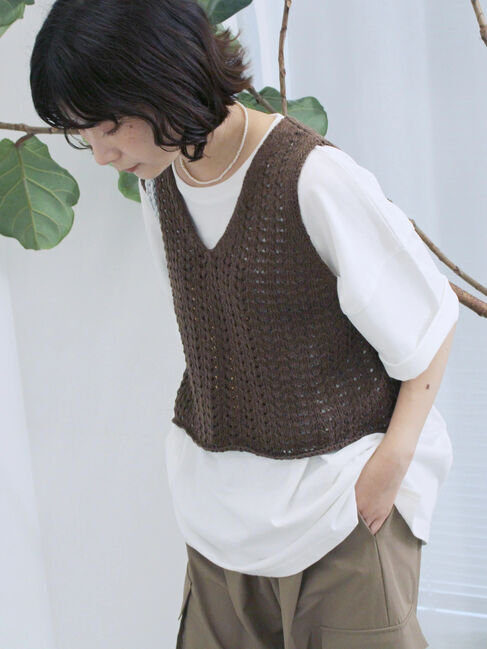 Samansa Mos2 blue「テープヤーン透かしニットベスト」|ニット・セーター|ブラウン