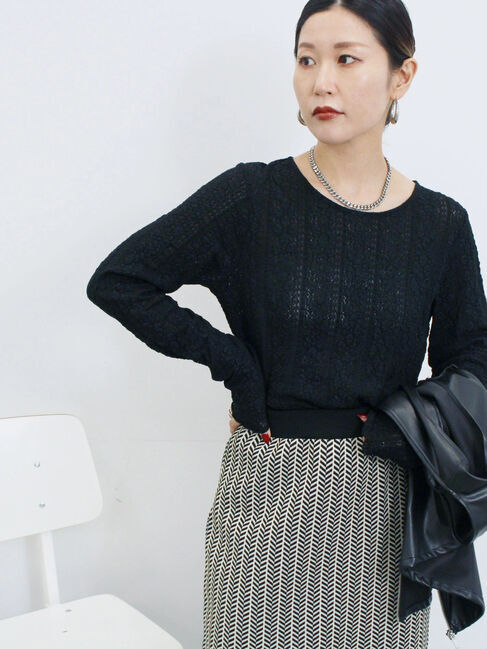 Samansa Mos2 blue「シアーレースロンT」|Tシャツ・カットソー|