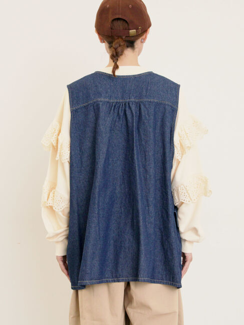 Samansa Mos2「デニム/ツイルクルーネックベスト」|ダウンベスト・ベスト|