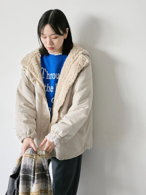 Samansa Mos2 blue「リバーシブルボアマウンテンパーカー」|ブルゾン・スタジャン|