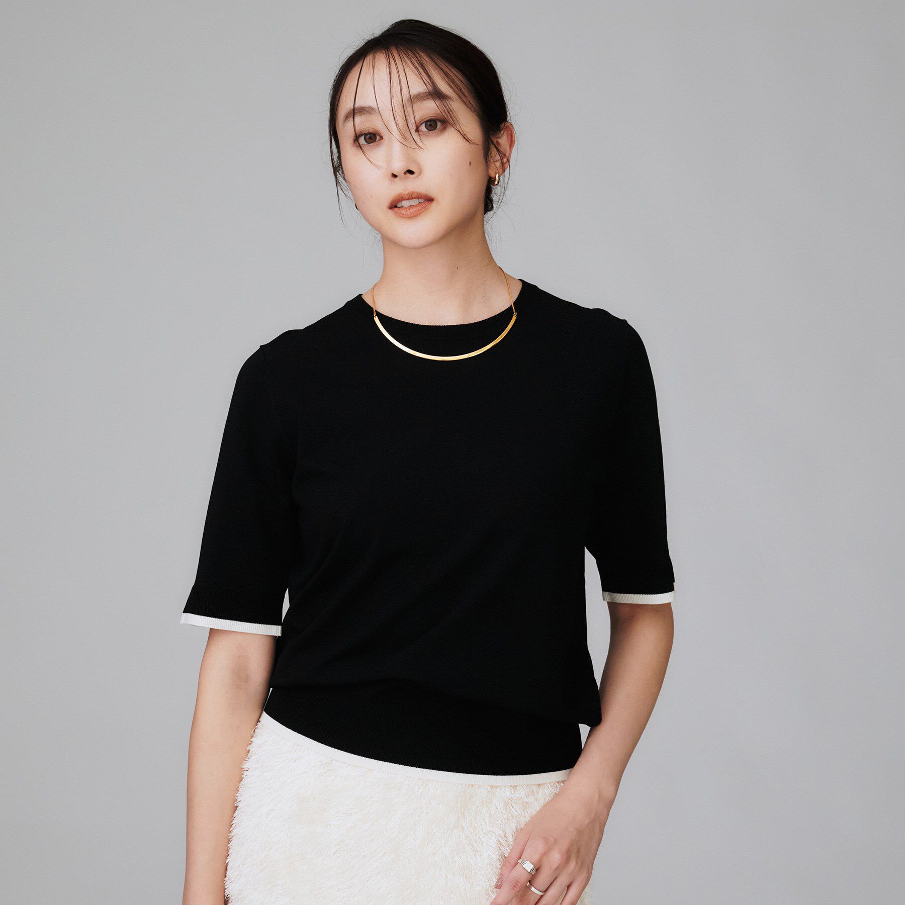 UNTITLED「【アンサンブル可/薄手/洗える】5分袖クルーニット」|ニット・セーター|