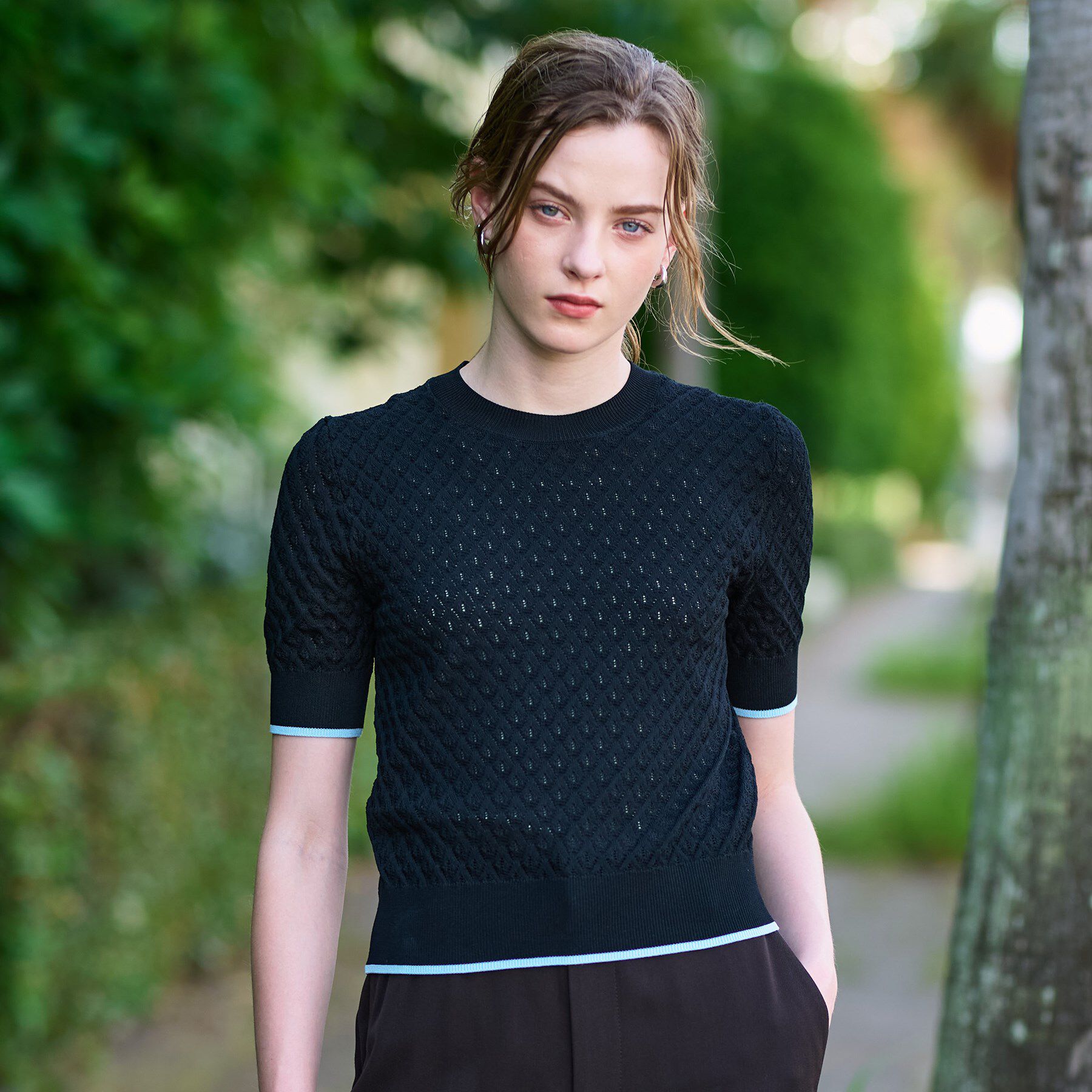 DRESSTERIOR「【6色展開/オンオフ】レース編みハーフスリーブニット」|ニット・セーター|