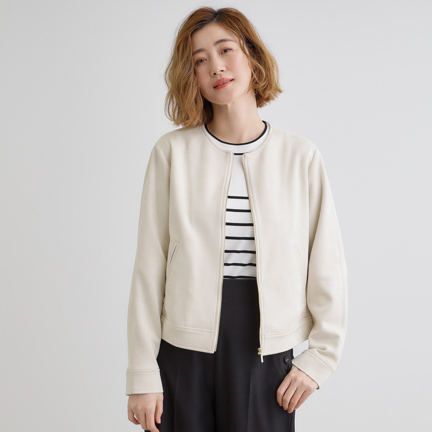 grove「スエードライクノーカラージャケット」|ブルゾン・スタジャン|アイボリー(004)