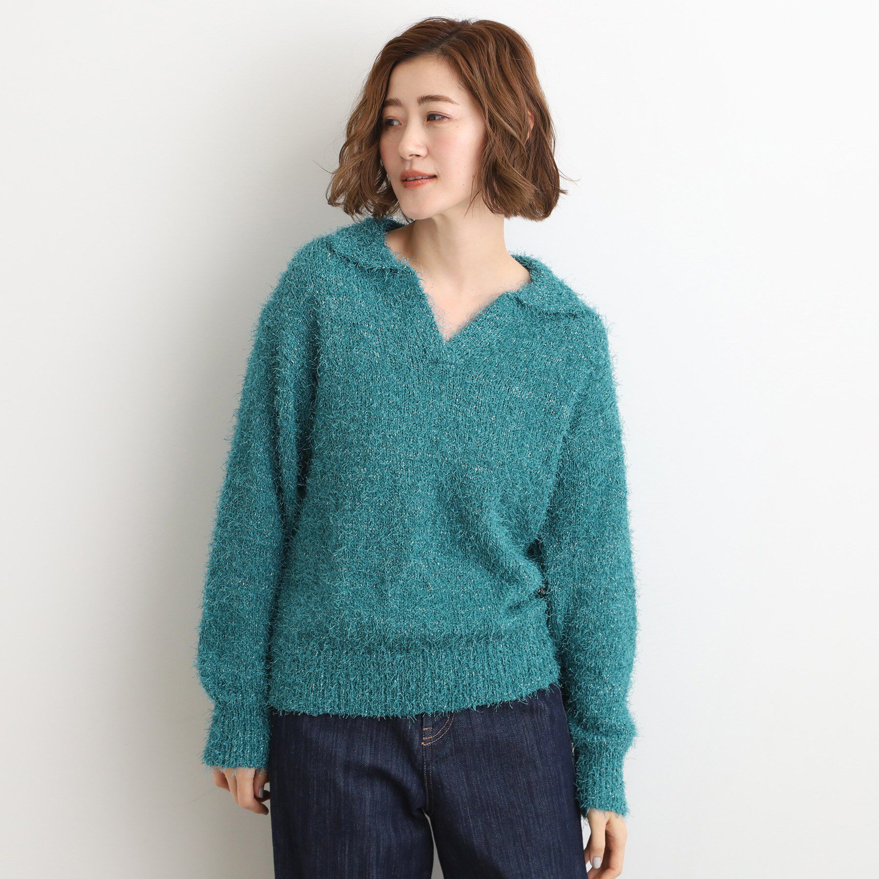 grove「【最終お値下げ！！】ラメフェザーヤーン オープンカラーニット」|ニット・セーター|