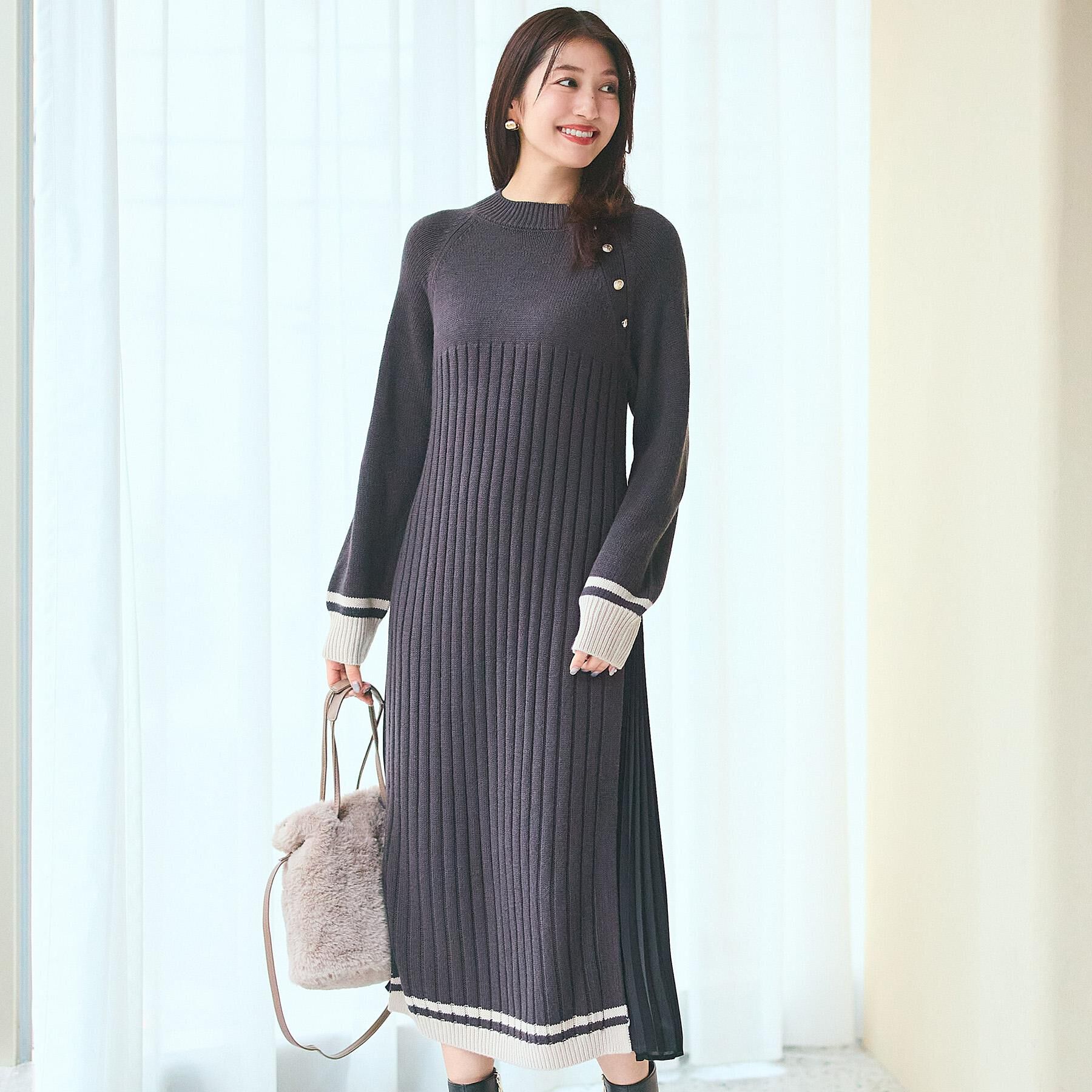 grove「【選べる着丈】配色サイドプリーツニットワンピース」|ワンピース|