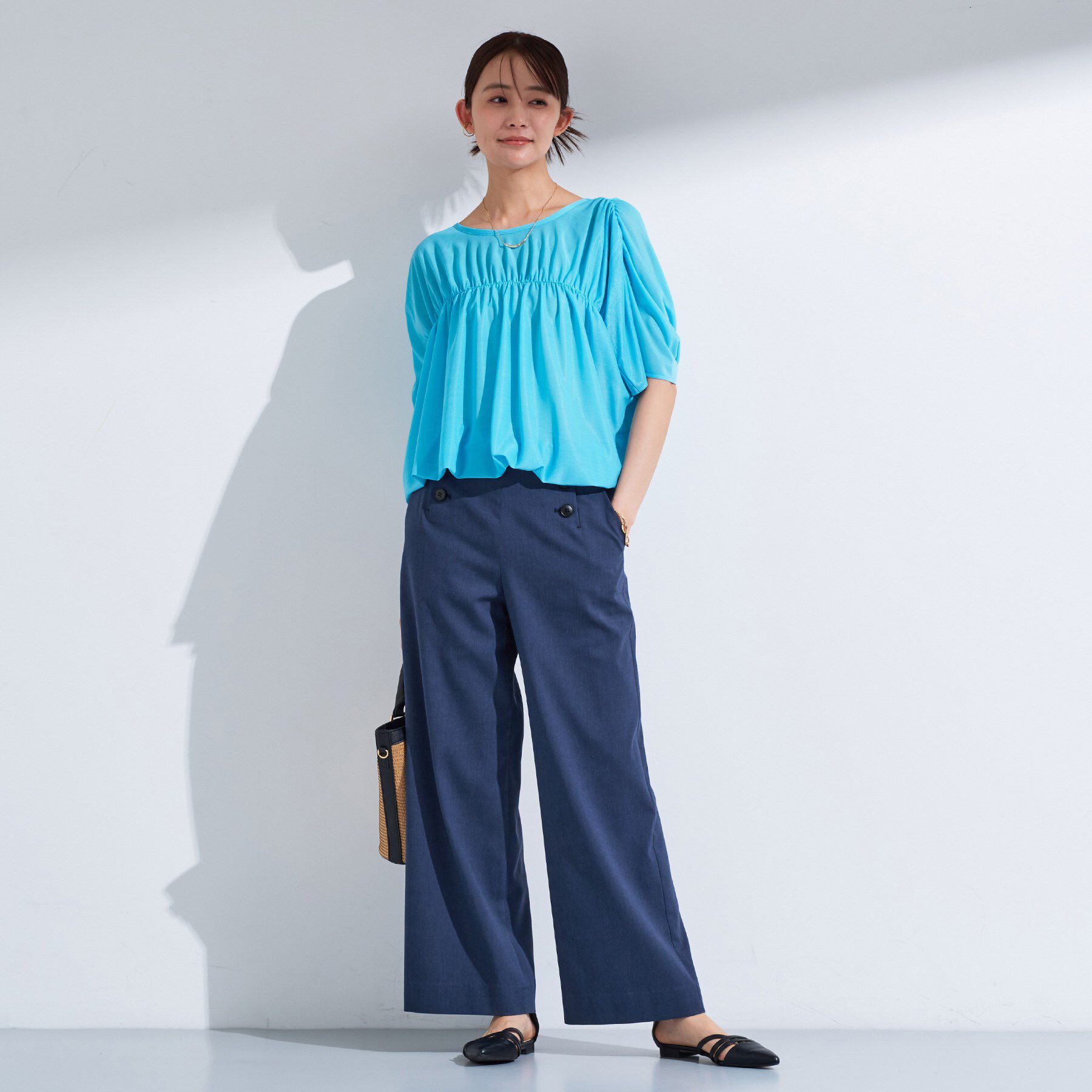 INDIVI「【デニムライク】マリンボタン リネン混ワイドパンツ」|その他|