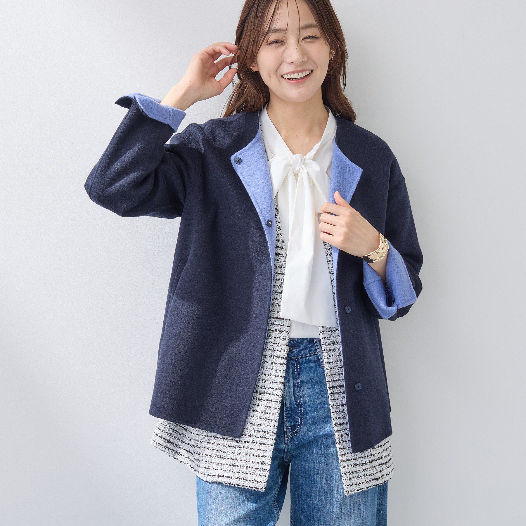 INDIVI「【配色デザイン／ショート丈】ウールリバー ノーカラーコート」|ノーカラーコート|