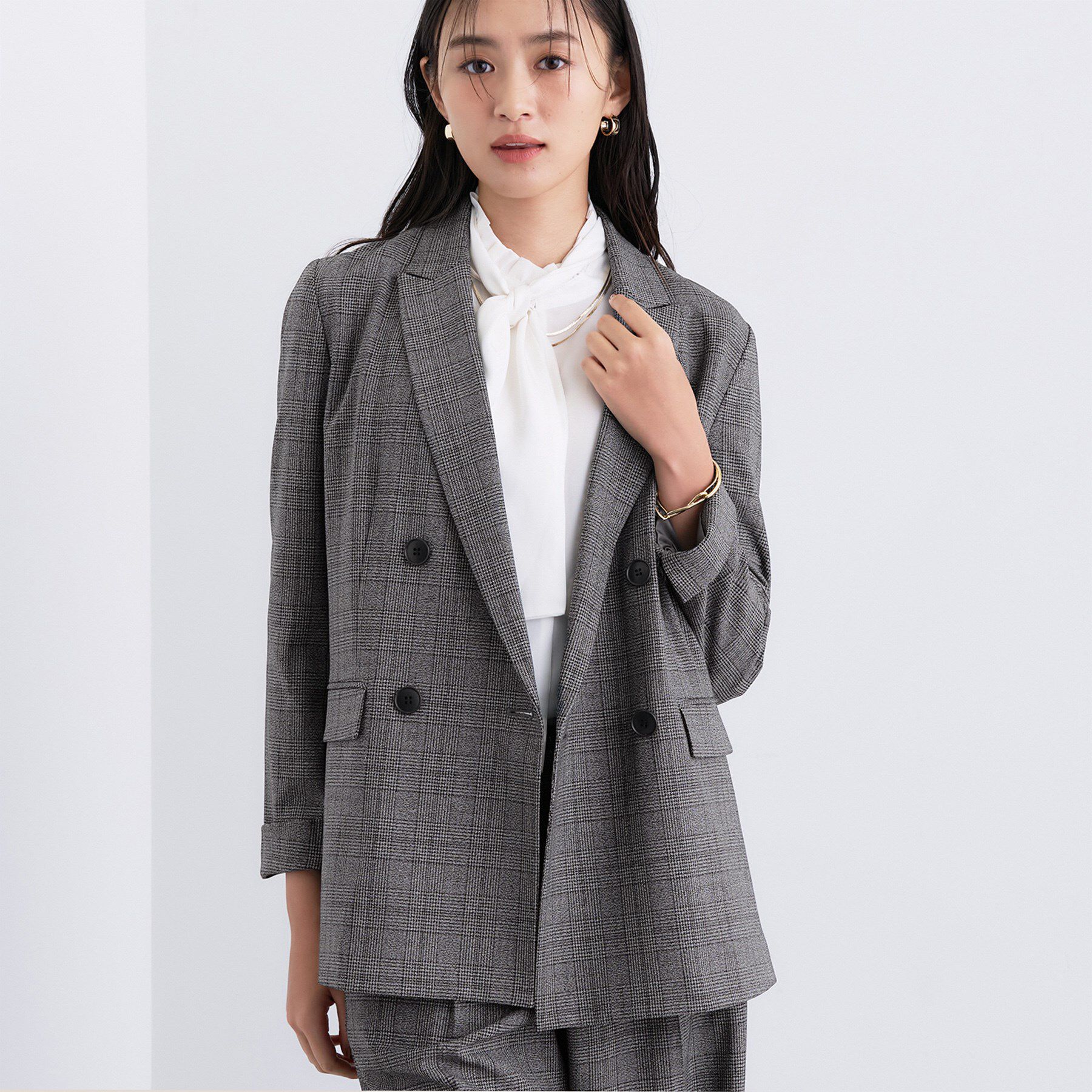 INDIVI「【洗える／オンオフ】チェック柄ダブルジャケット」|テーラードジャケット|