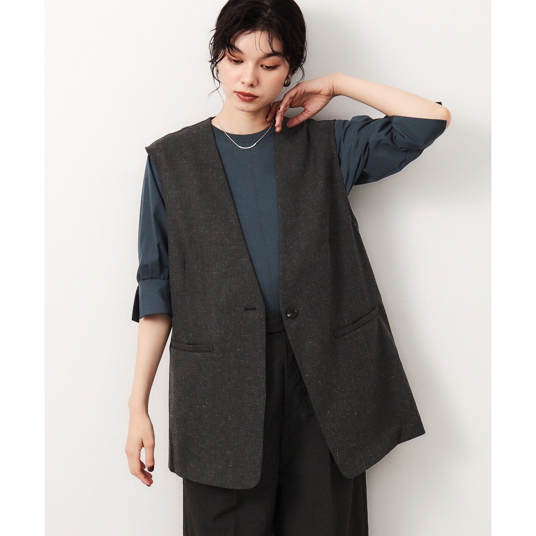 OPAQUE.CLIP「麻混ノーカラージレ【洗濯機洗い可】」|ベスト・ジレ|