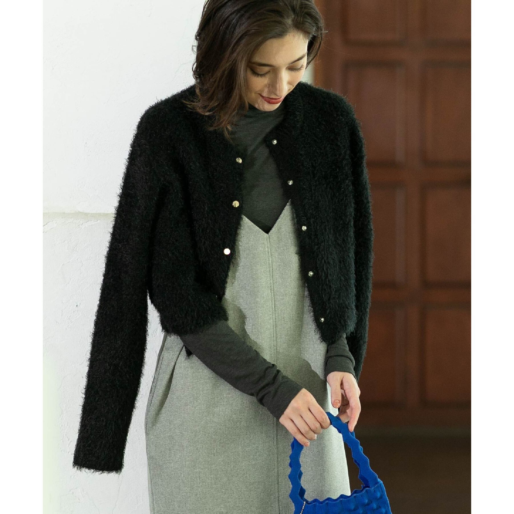 OPAQUE.CLIP「《6color》シャギーニットショートカーディガン【洗濯機洗い可】」|カーディガン|ブラック(019)