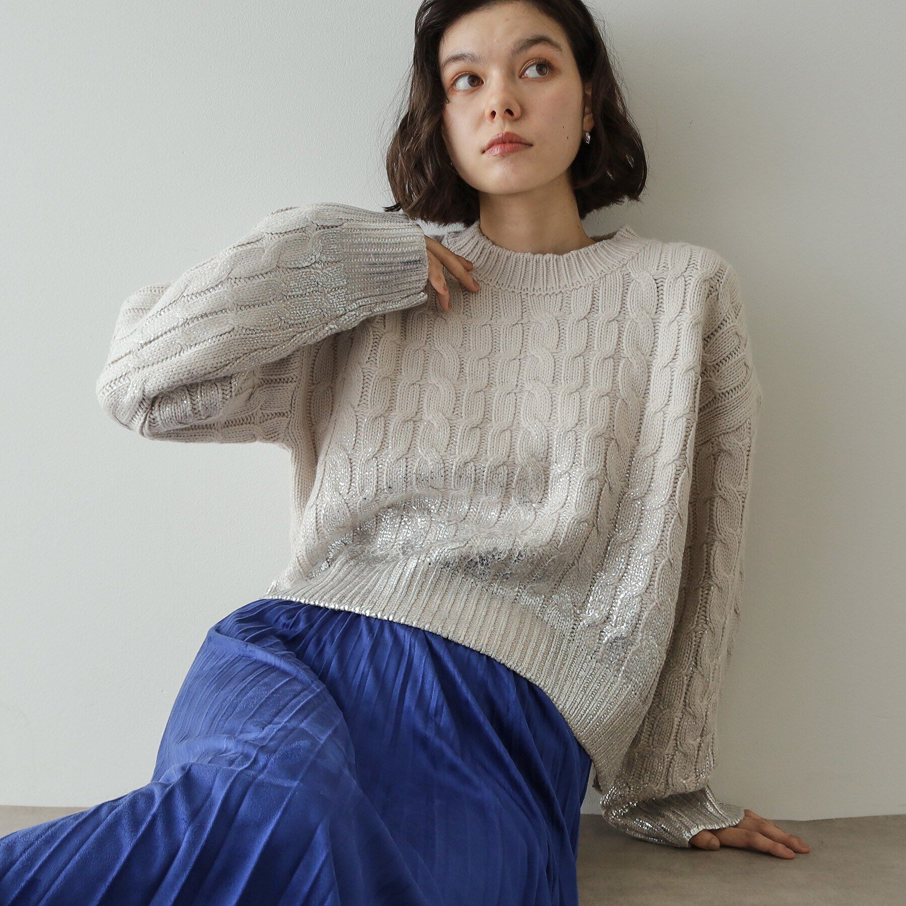 OPAQUE.CLIP「箔プリントケーブルニット【洗える】」|ニット・セーター|ライトグレー(011