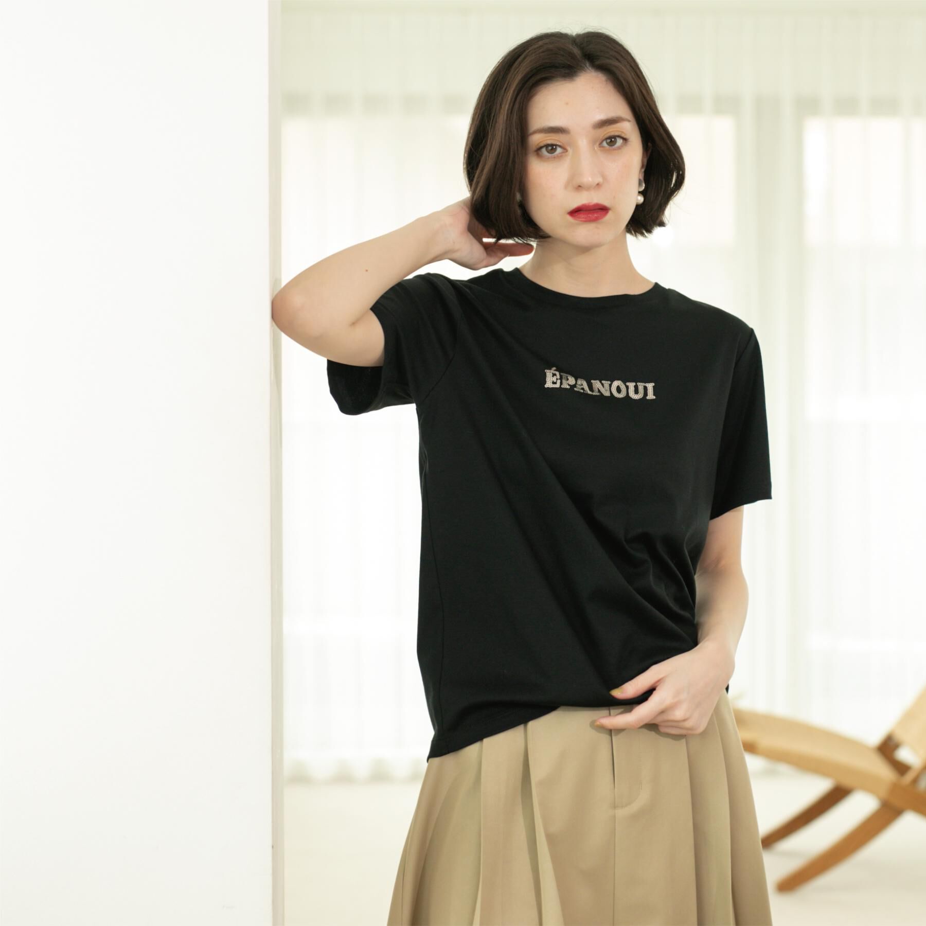 OPAQUE.CLIP「刺繍＆スパンコールロゴTシャツ【洗濯機洗い可】」|Tシャツ・カットソー|