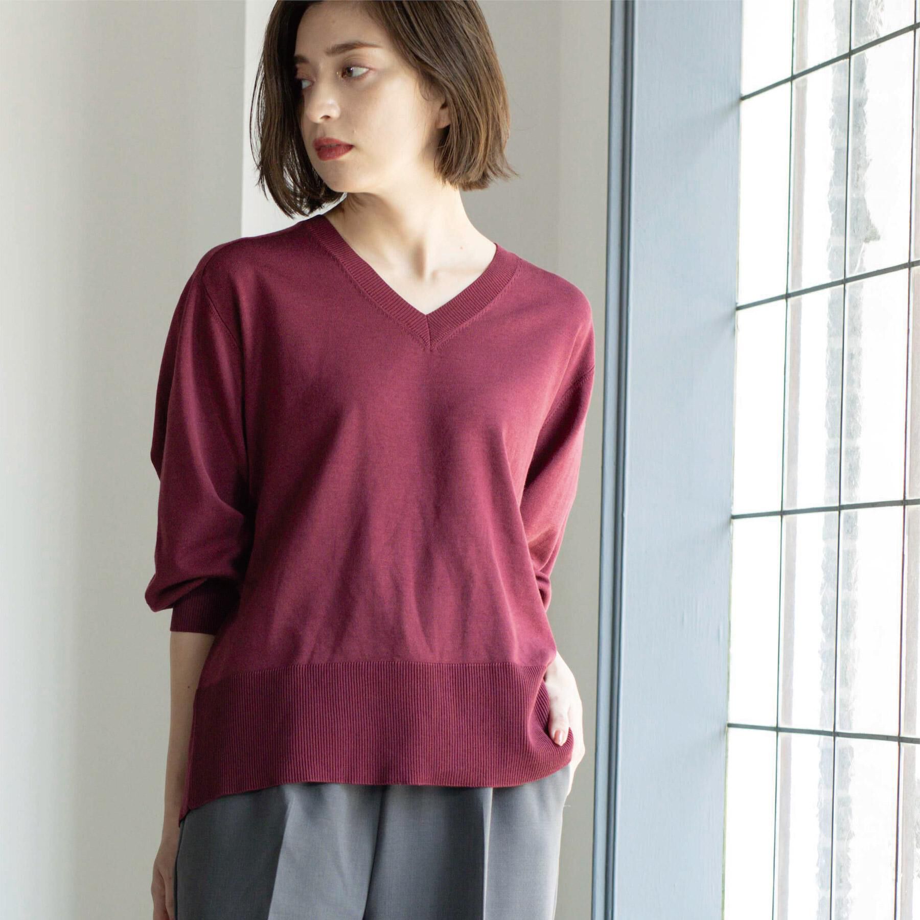 OPAQUE.CLIP「リラクシーVネックニット【洗濯機洗OK】《6col》」|ニット・セーター|ボルドー(064)