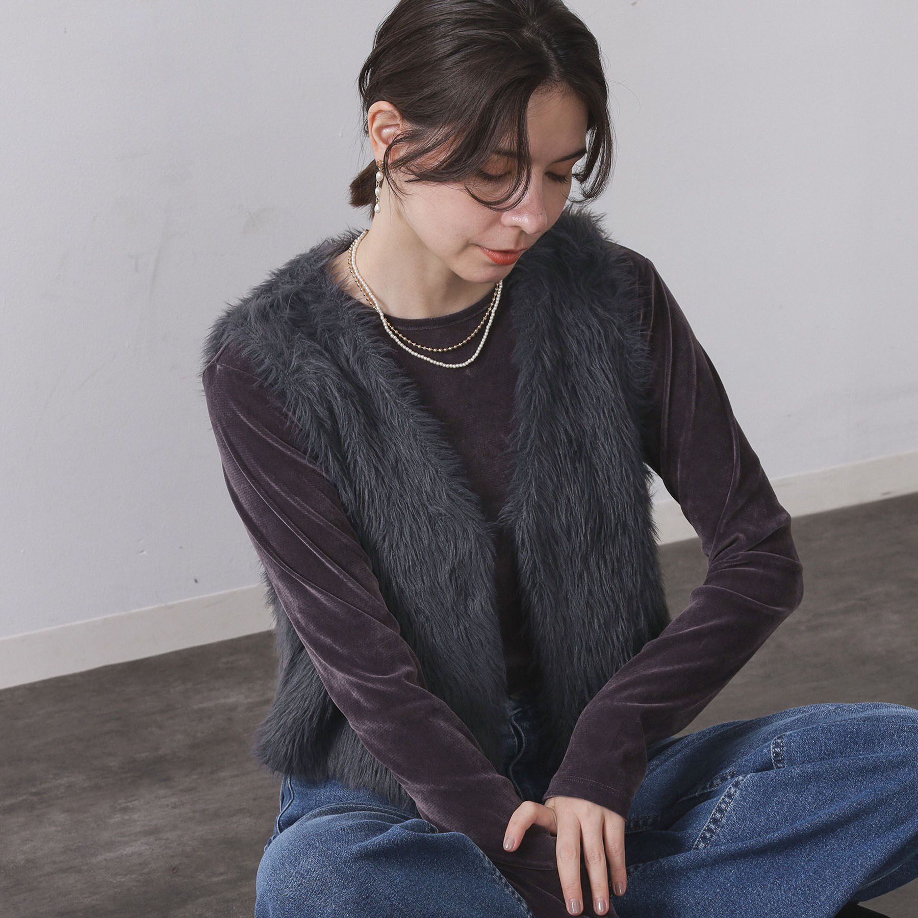 OPAQUE.CLIP「《andGIRL掲載》シャギーニット ショートベスト【洗濯機OK】」|ベスト・ジレ|チャコールグレー(0