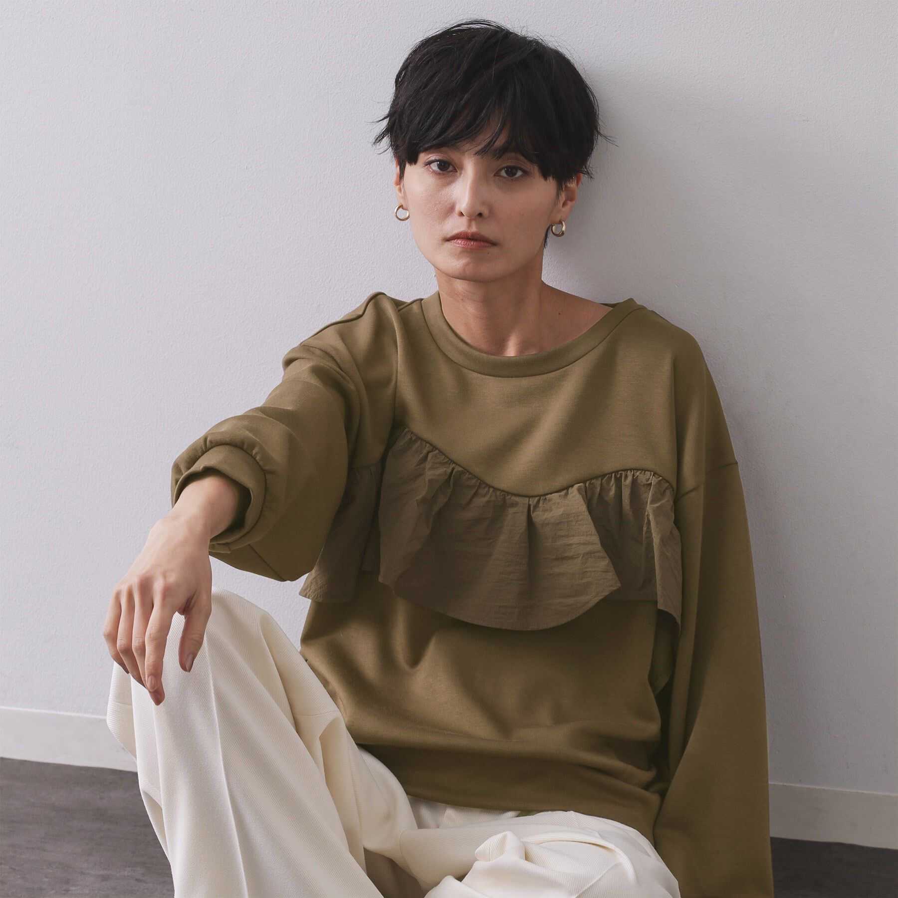 OPAQUE.CLIP「フリルドッキングトップス【洗濯機OK】」|Tシャツ・カットソー|ブラウン(044)