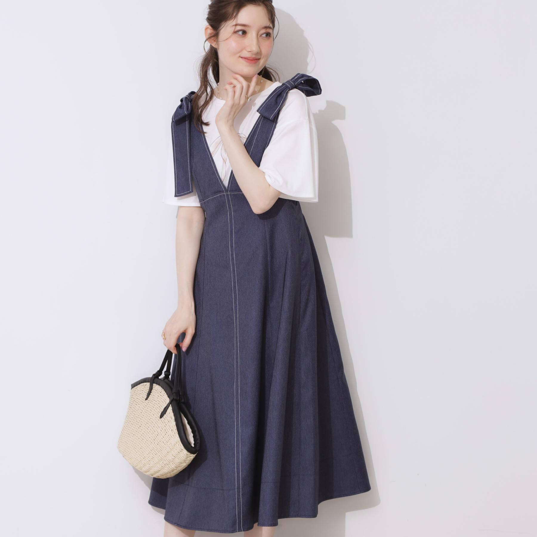 Couture broach「デニムライク肩リボンワンピース」|ワンピース|ネイビー(094)