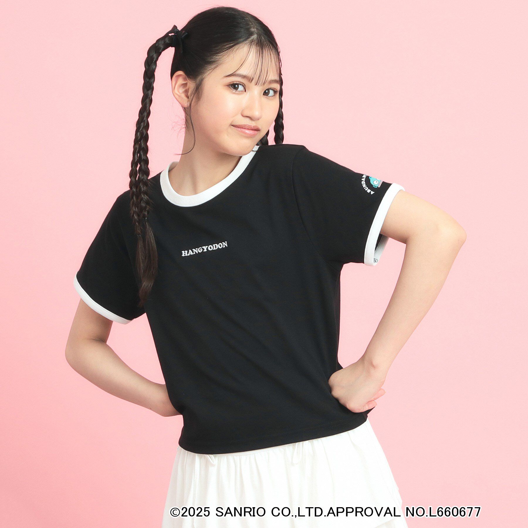 PINK-latte「【サンリオキャラクターズコラボ】リンガーTシャツ」|Tシャツ・カットソー|ブラック(019)