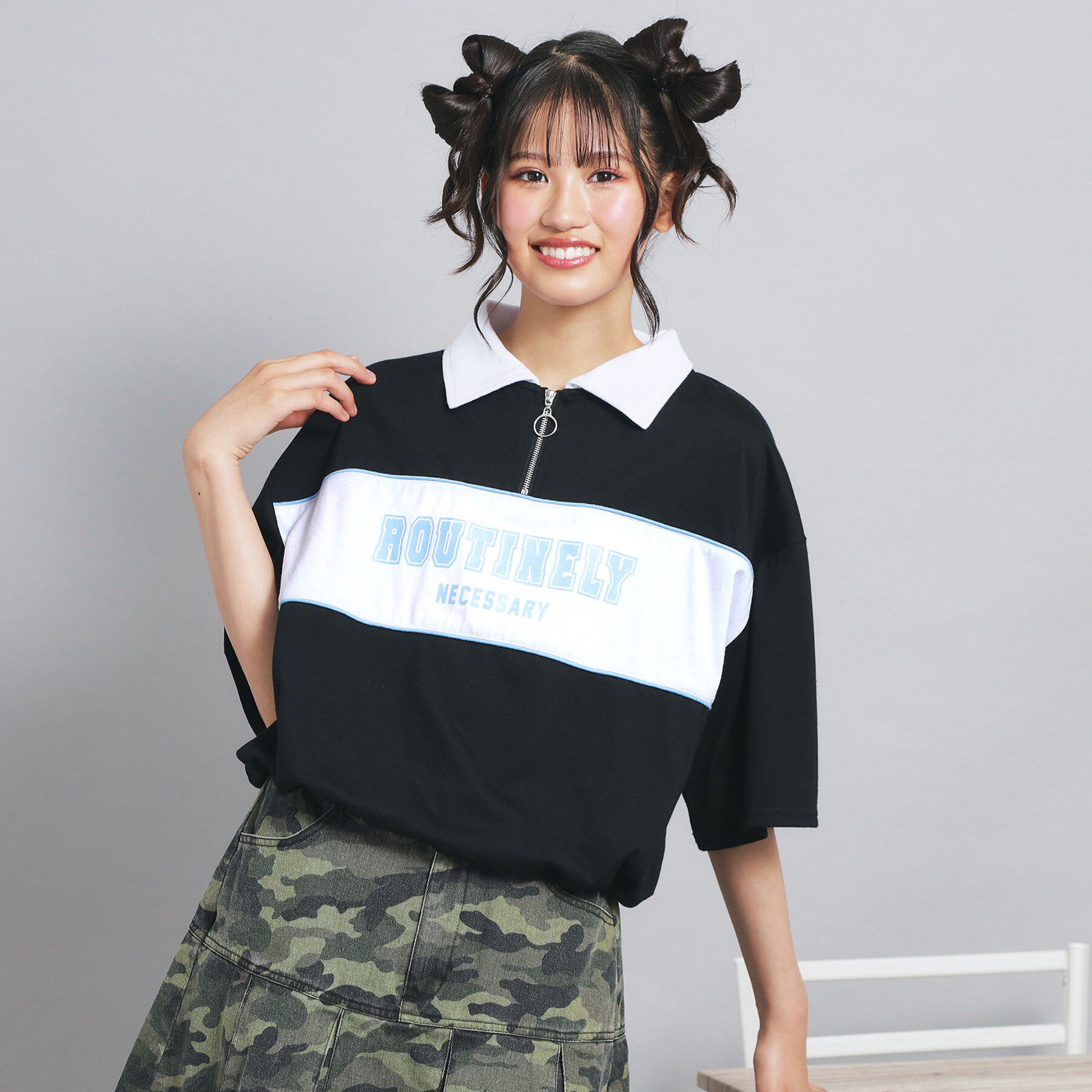 PINK-latte「配色パイピング切り替え衿付きトップス」|Tシャツ・カットソー|ブラック(019)