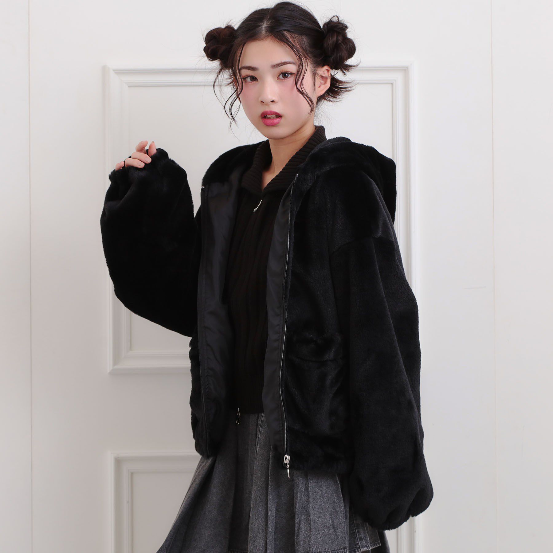 PINK-latte「フード付きフェイクファーブルゾン」|ブルゾン・スタジャン|