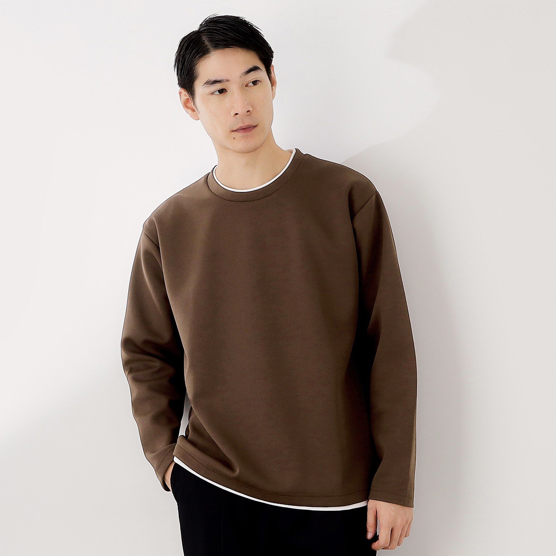 THE SHOP TK「【ラクして決まる！】レイヤード風長袖Tシャツ 洗濯機OK」|Tシャツ・カットソー|ブラウン(043)