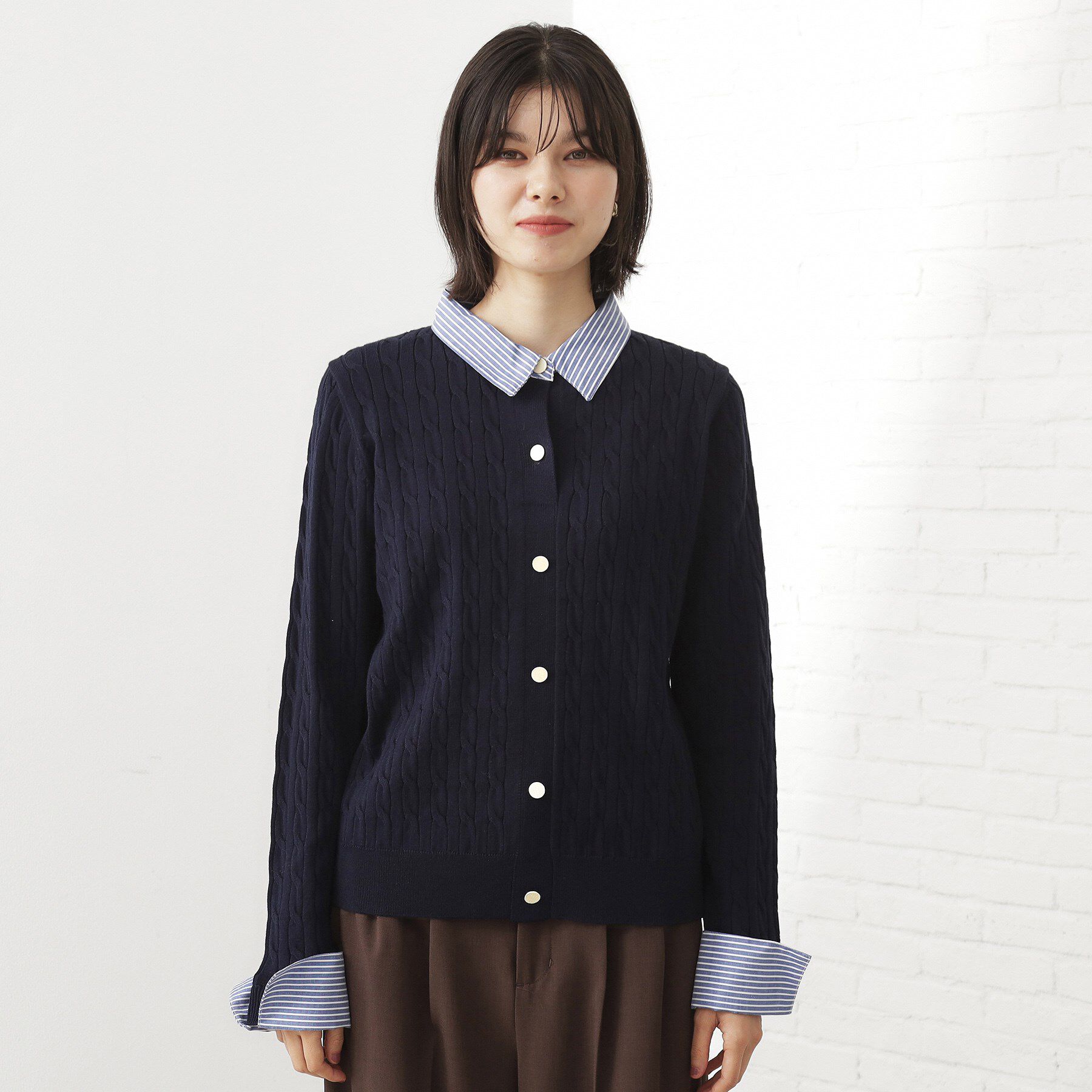 THE SHOP TK「【着るだけでコーデ完成】シャツレイヤード風 ケーブルニット」|ニット・セーター|