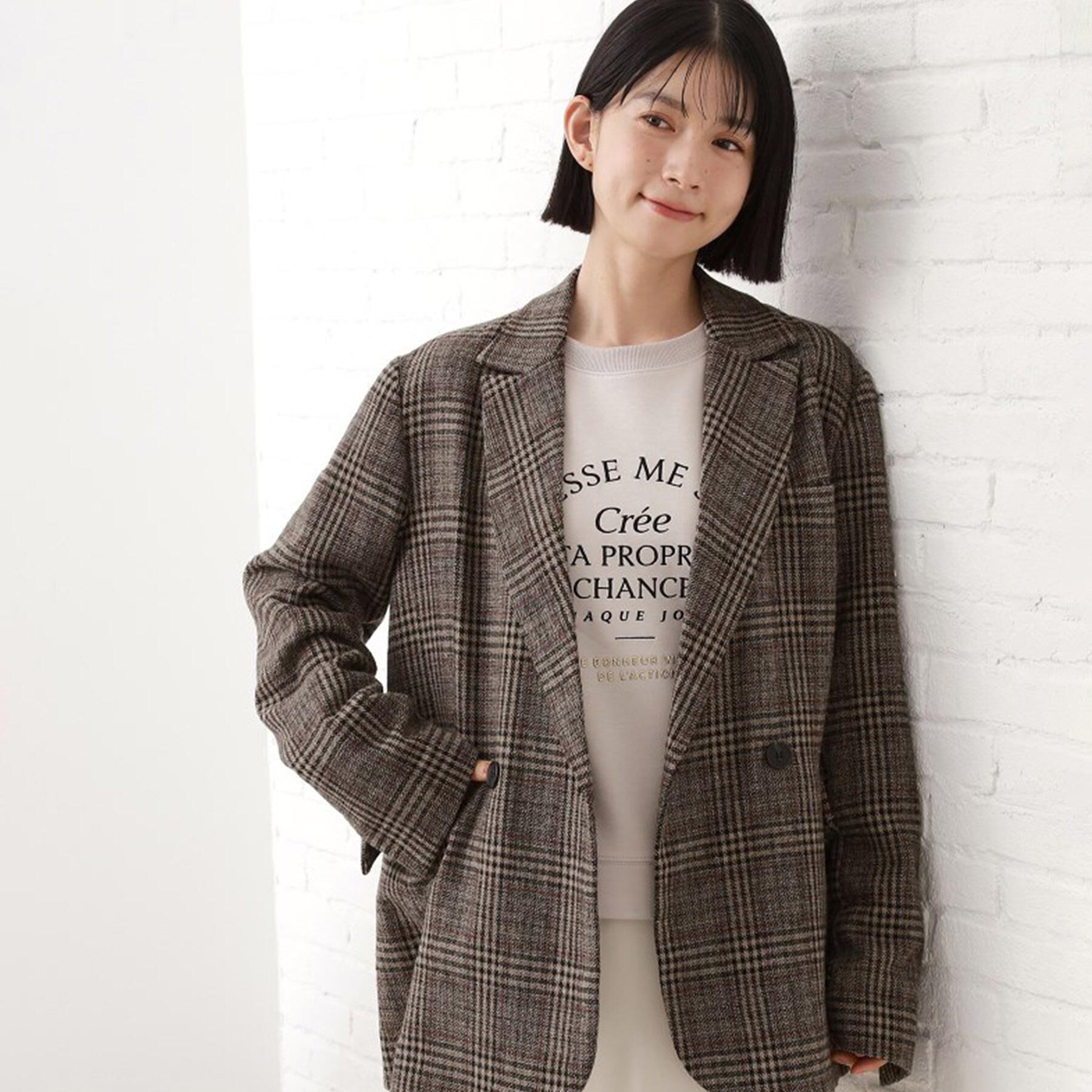 THE SHOP TK「【洗えるアウター】ヘリンボーン＆チェック柄ジャケット」|テーラードジャケット|ベージュ(252)