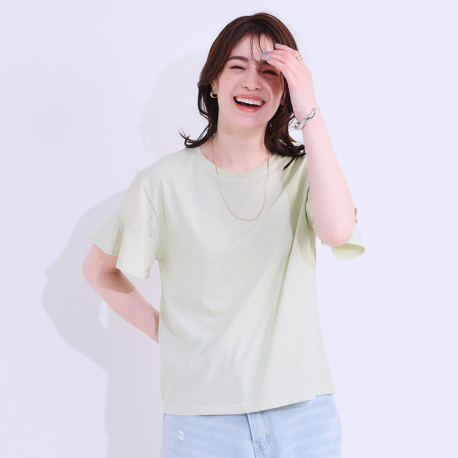 SHOO･LA･RUE「【ひんやり/プチプラ】女性らしさ溢れる お袖シアーフリルトップス」|Tシャツ・カットソー|