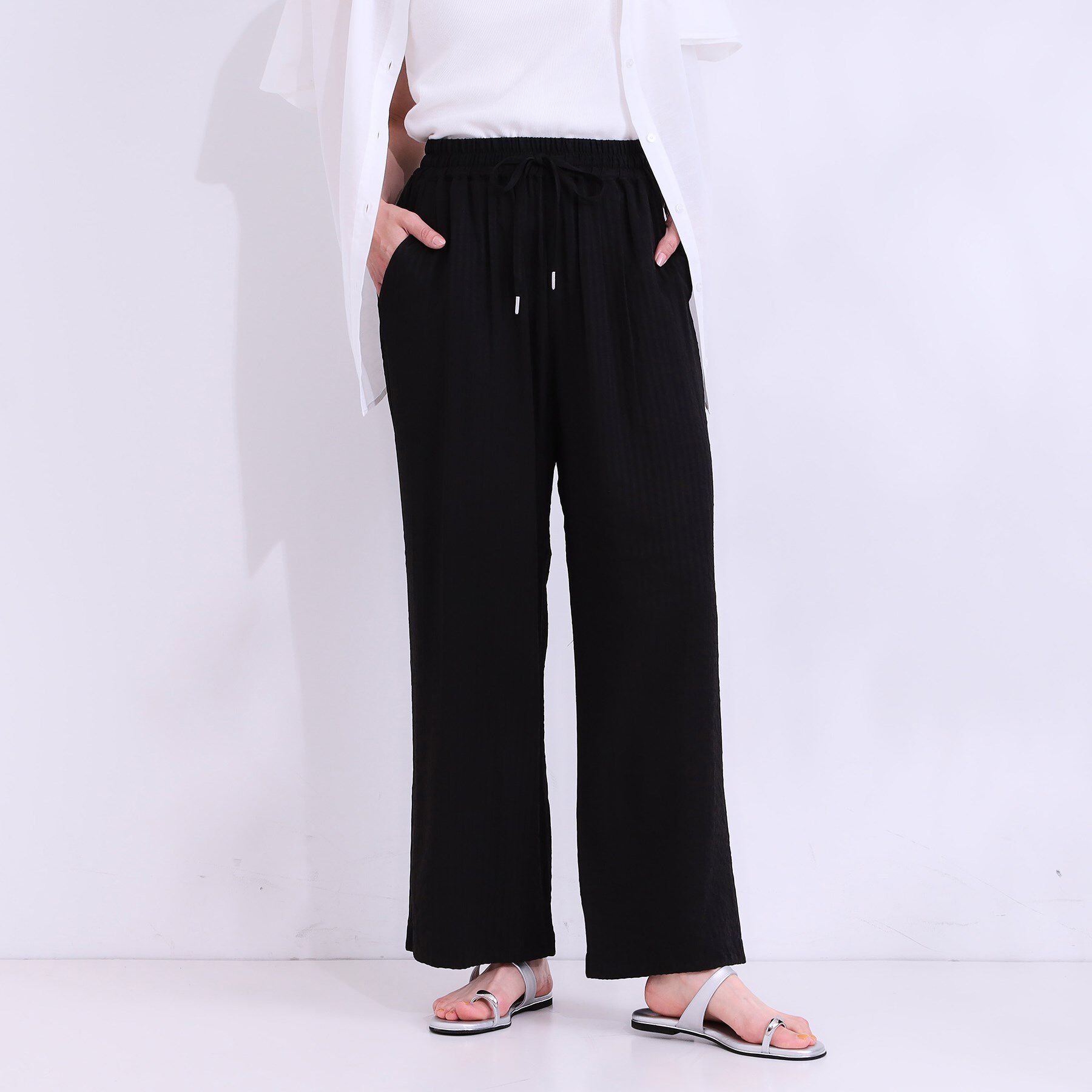 SHOO･LA･RUE「【セットアップ可能/ひんやり/吸水速乾】サッカーストライプイージーパンツ」|その他|ブラック(319)