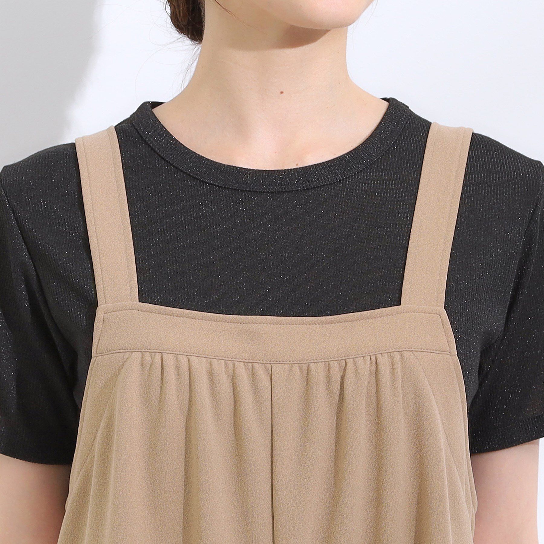 SHOO･LA･RUE「【洗える/S-LL】裏がサラサラ やわらか ギャザーサロペット」|オールインワン|