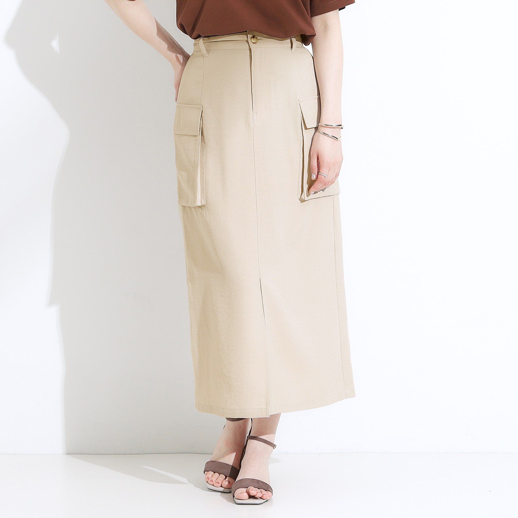 SHOO･LA･RUE「【S-LL】大人のきれいめカジュアルに 麻調カーゴナロースカート」|スカート|