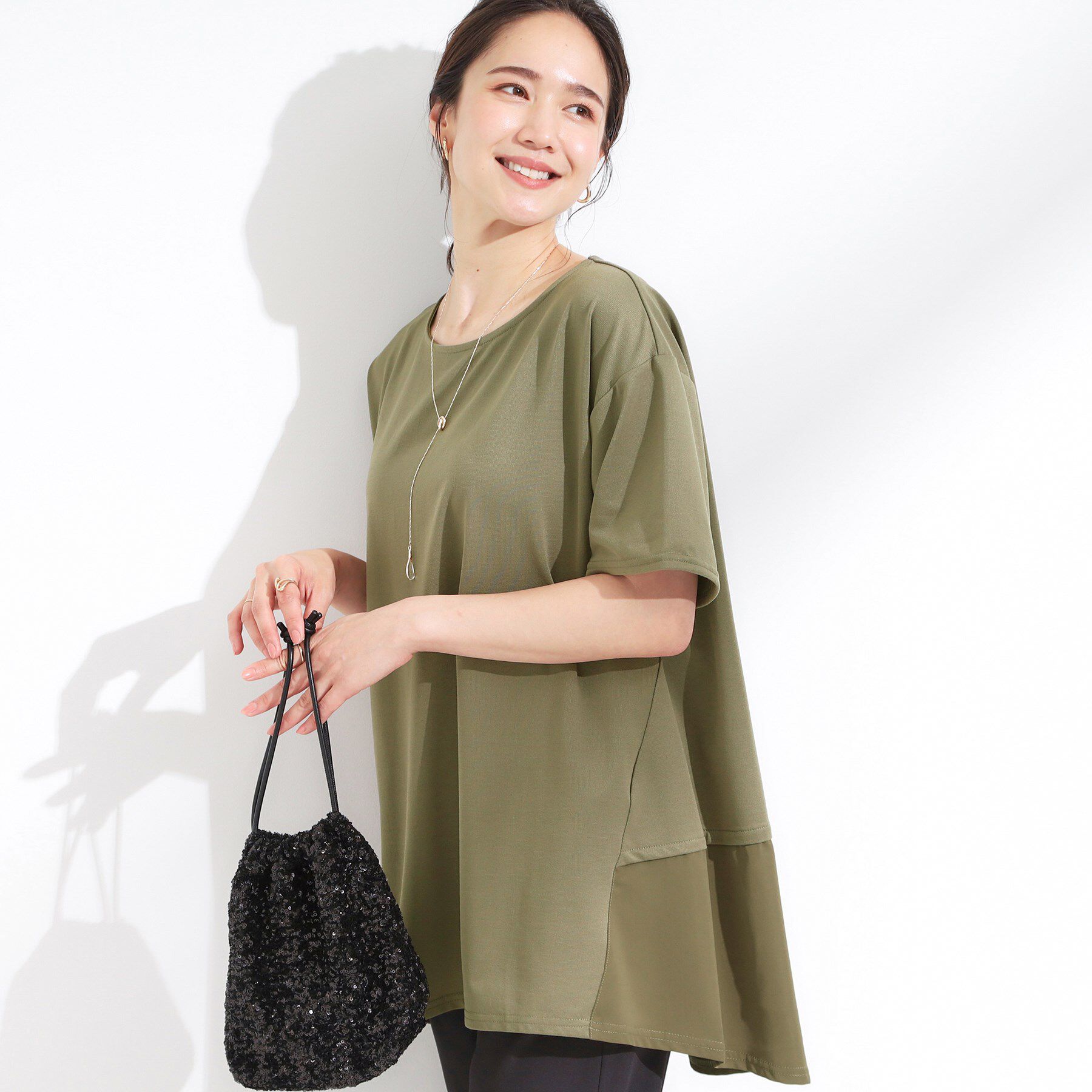 SHOO･LA･RUE「【S-LL/UV/吸水速乾】きれいに体型カバー Aライン チュニックワンピース」|チュニック|オリーブグリーン(0