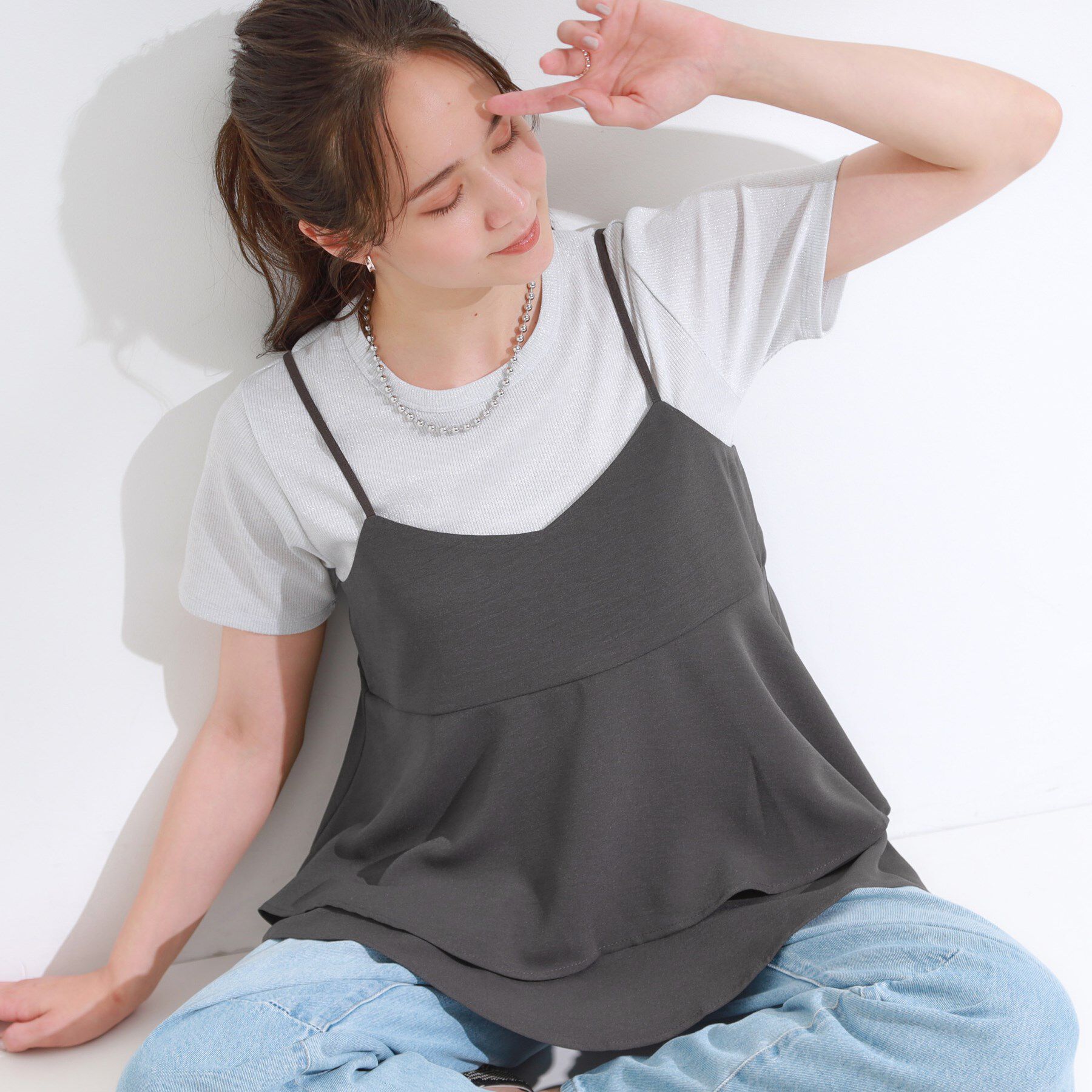 SHOO･LA･RUE「【S-LL/セットアップ可/ひんやり】女性らしさ溢れる ティアードキャミソール」|キャミソール|チャコールグレー(0