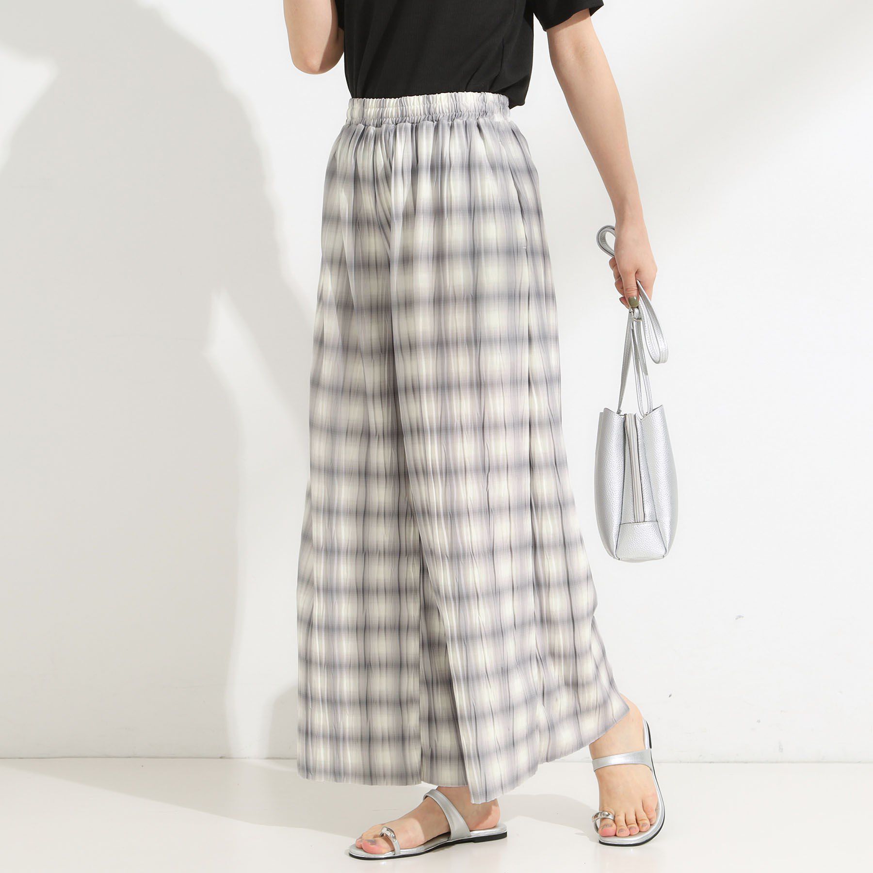 SHOO･LA･RUE「【S-LL/ポケット付き】チェック柄 ウェーブプリーツパンツ」|その他|グレー(212)