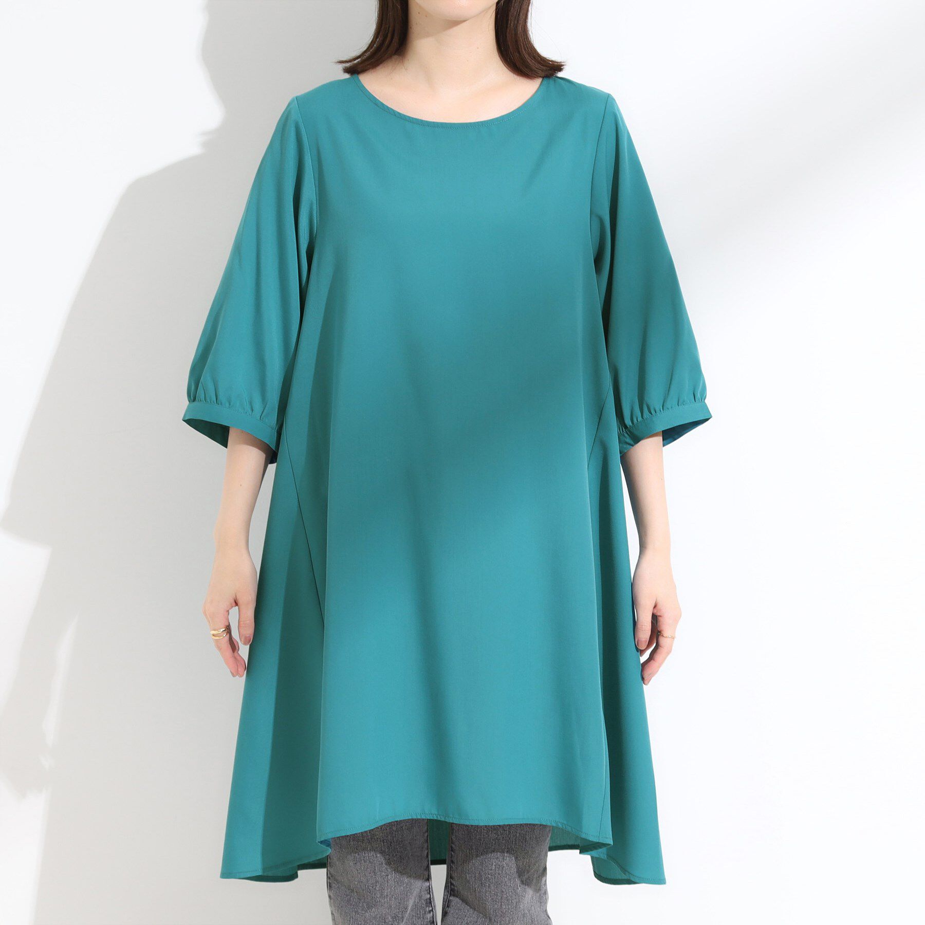 SHOO･LA･RUE「【S-LL/洗濯後しわになりにくい/UV/6分袖】コットン風 Aラインチュニックワンピース」|チュニック|