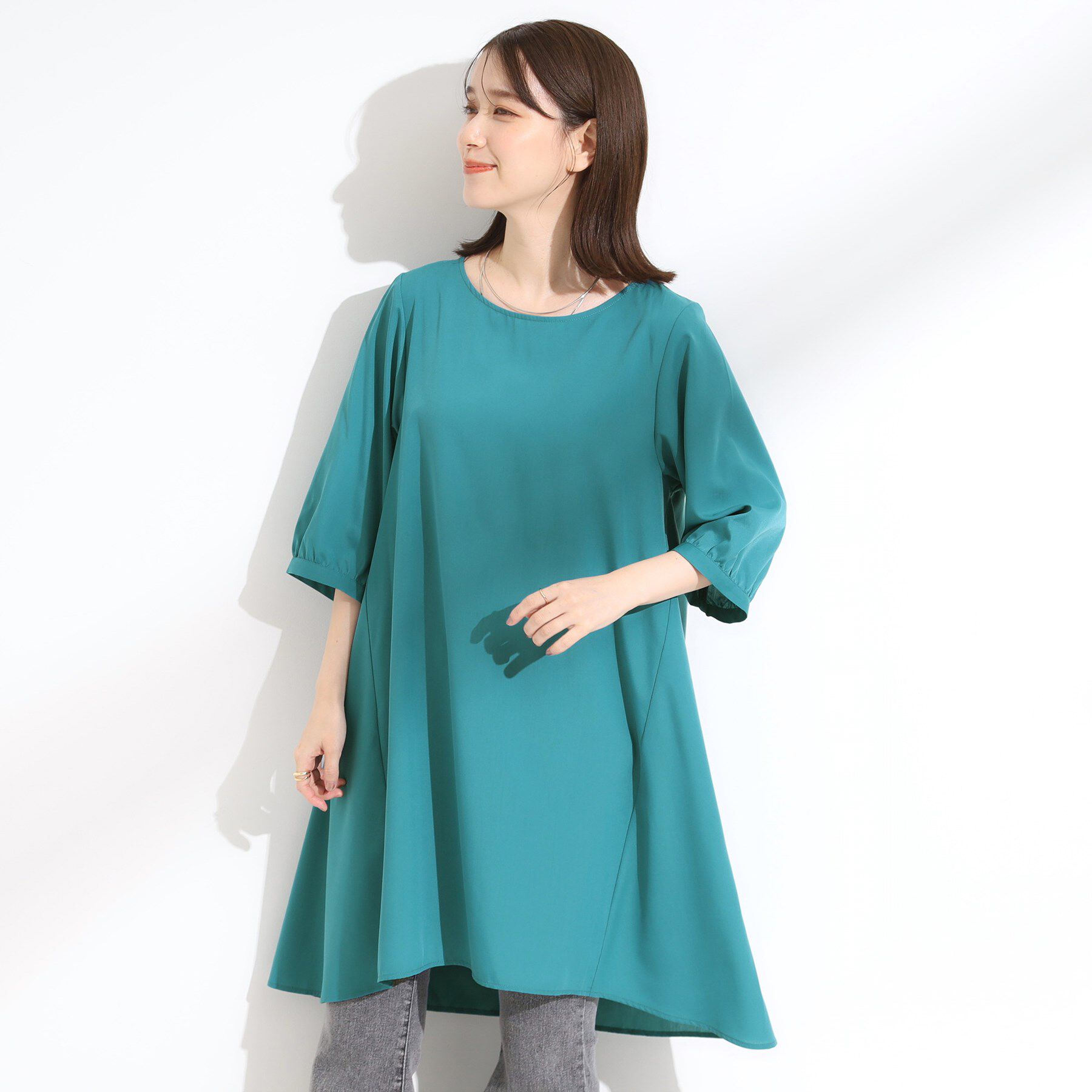 SHOO･LA･RUE「【S-LL/洗濯後しわになりにくい/UV/6分袖】コットン風 Aラインチュニックワンピース」|チュニック|