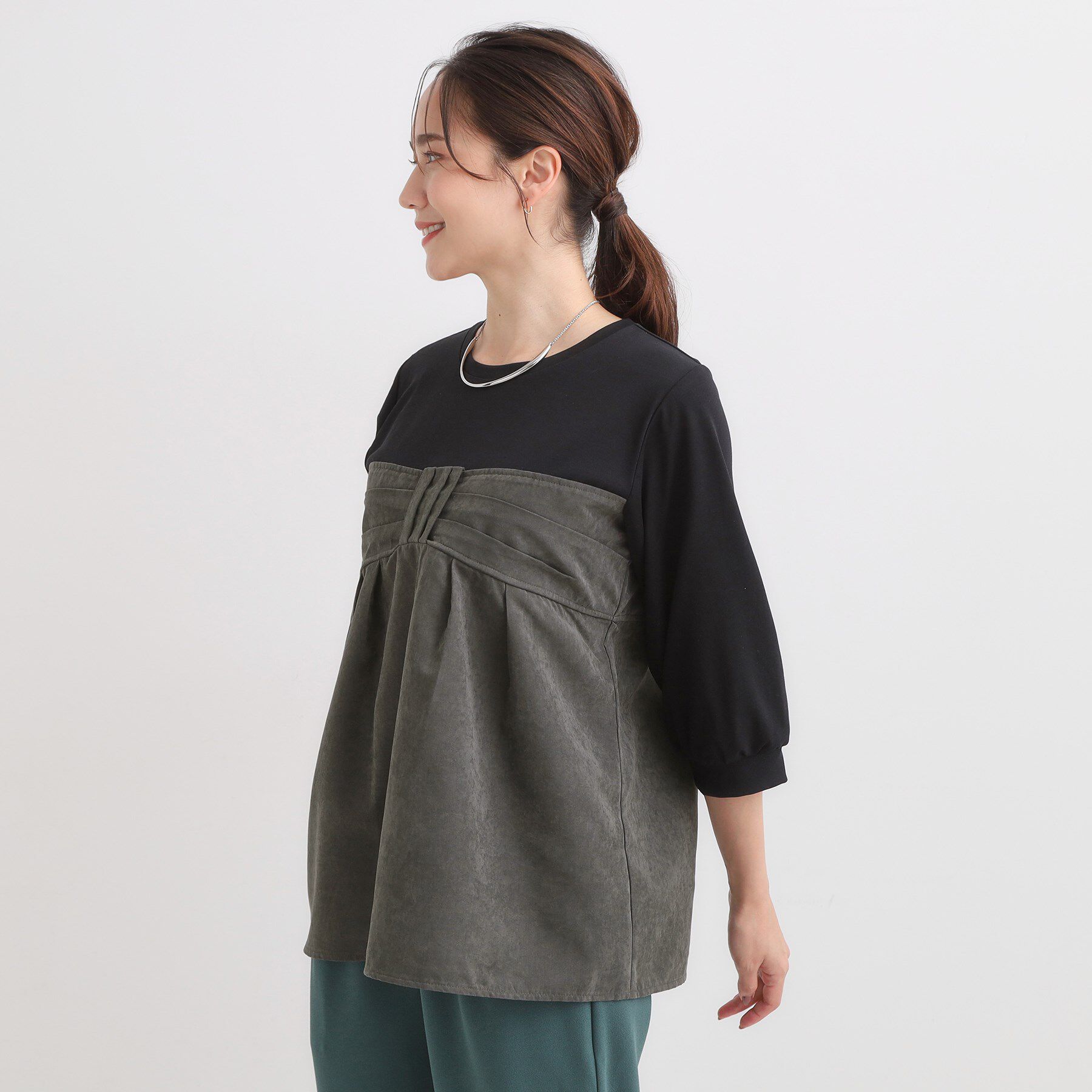 SHOO･LA･RUE「【S-LL】気になるウエストもさり気なくカバー リボン風ドッキングトップス」|Tシャツ・カットソー|