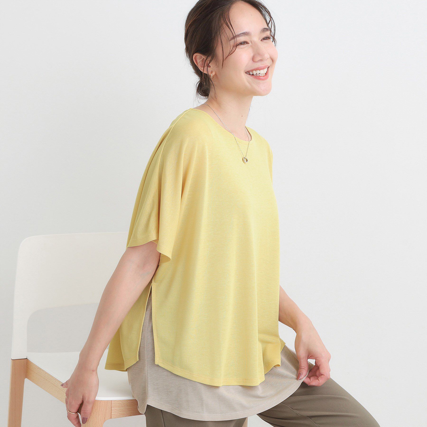 SHOO･LA･RUE「【S-LL/ひんやり/体型カバー】着るだけでサマ見え レイヤードトップス」|Tシャツ・カットソー|イエロー(531)