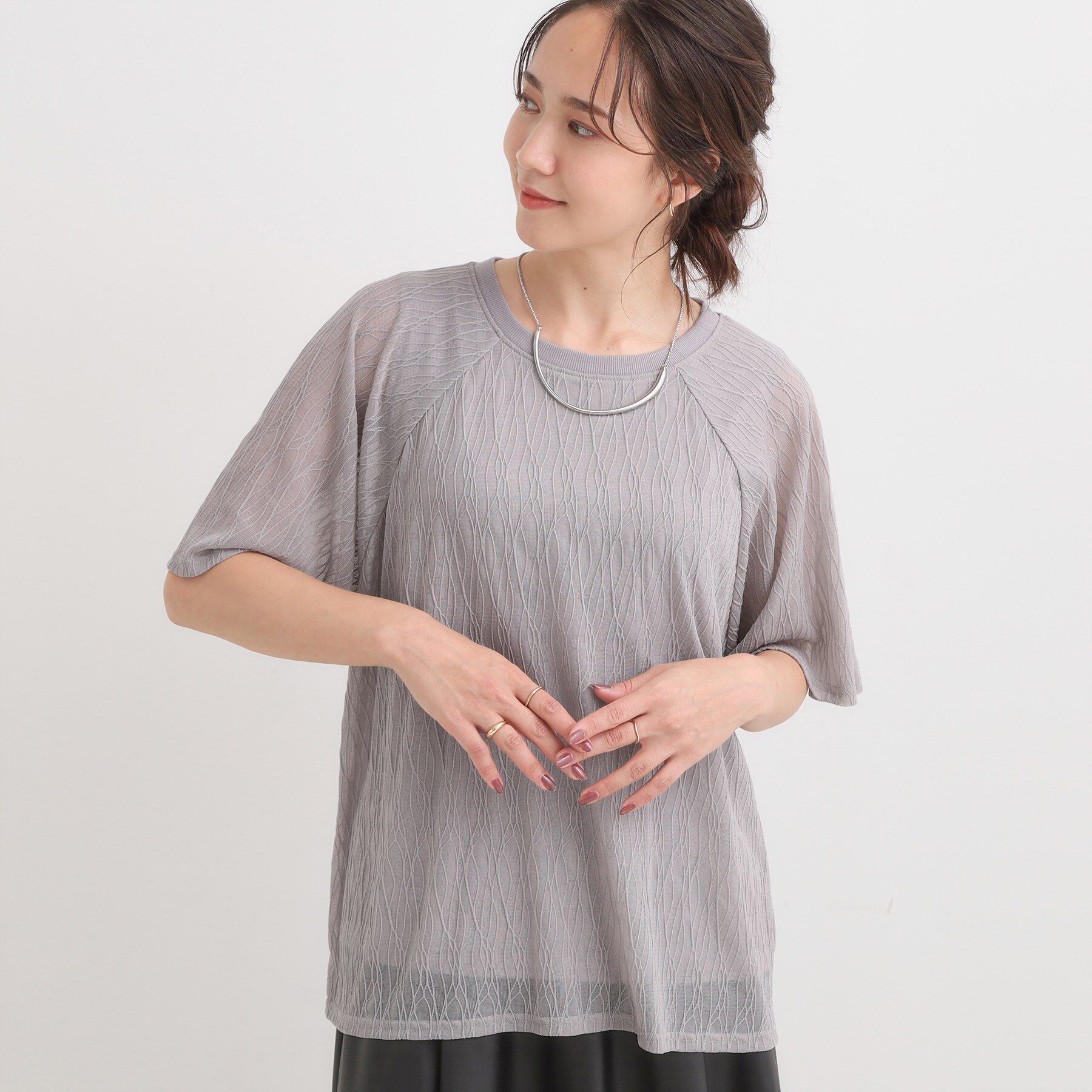 SHOO･LA･RUE「【S-LL/二の腕カバー】ウエーブ柄 インナードッキングトップス」|Tシャツ・カットソー|グレー(012)