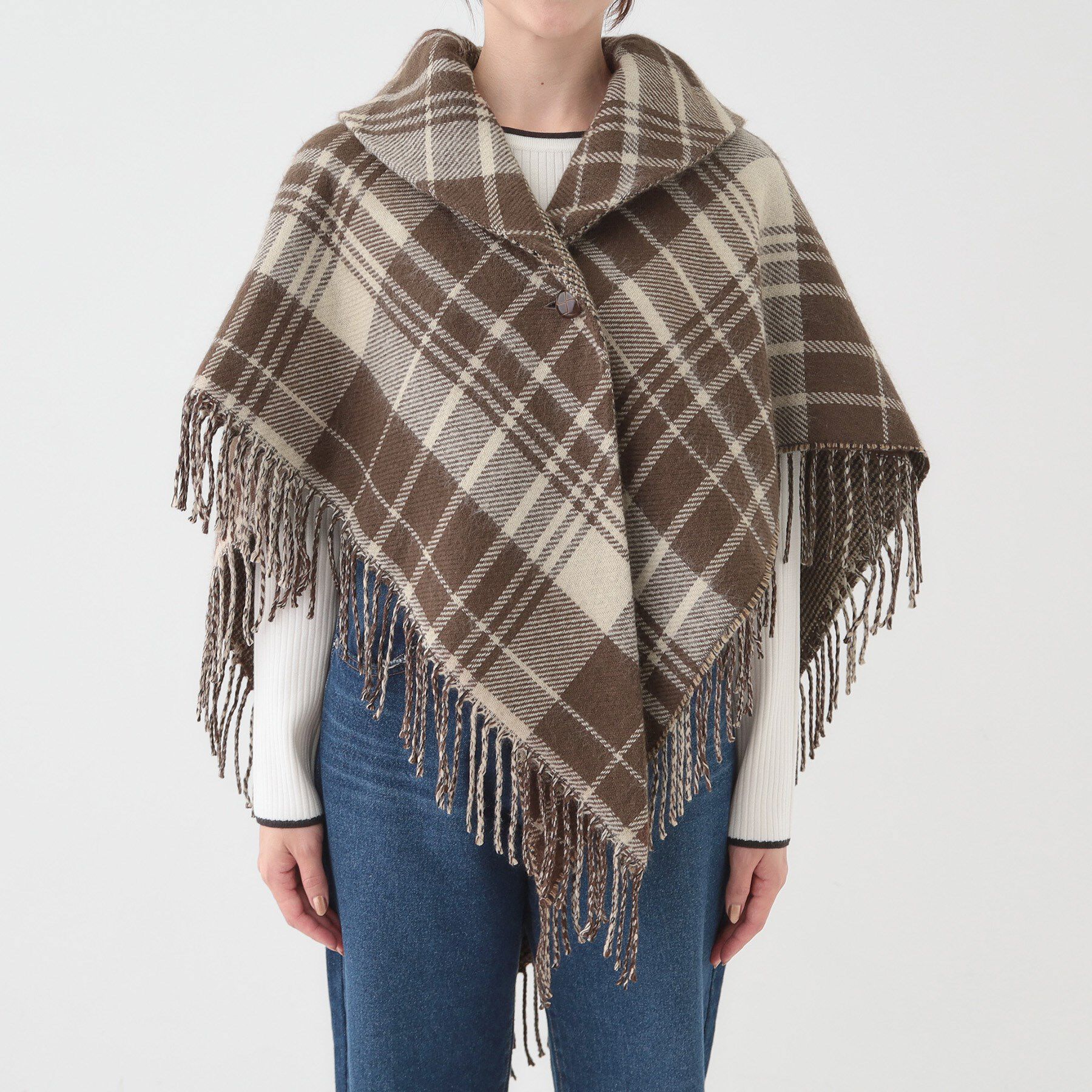 SHOO･LA･RUE「【リバーシブル】襟元ギャザー チェックポンチョ」|ポンチョ・ケープ|