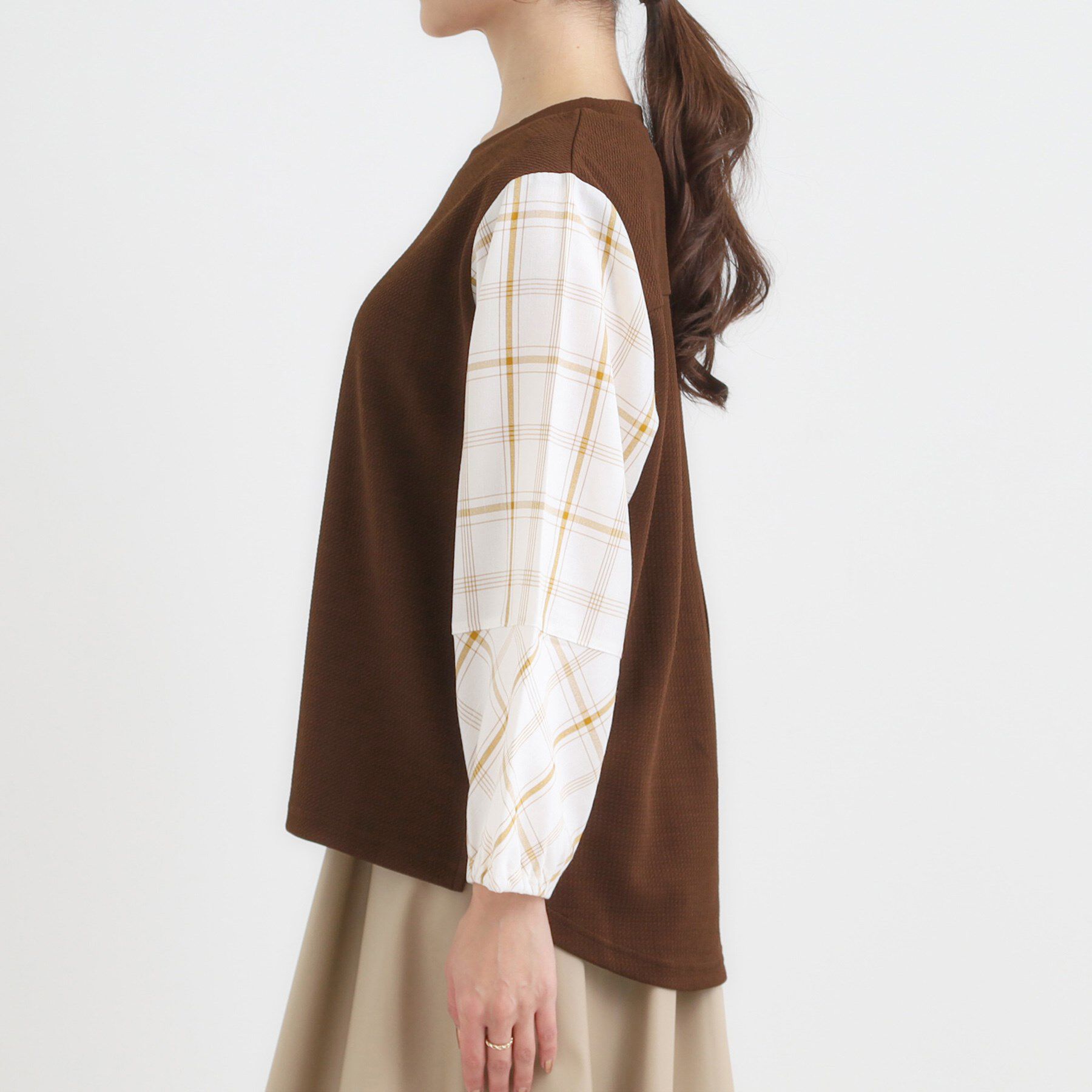 SHOO･LA･RUE「【S-LL】1枚できまる お袖チェック 異素材使いトップス」|シャツ・ブラウス|