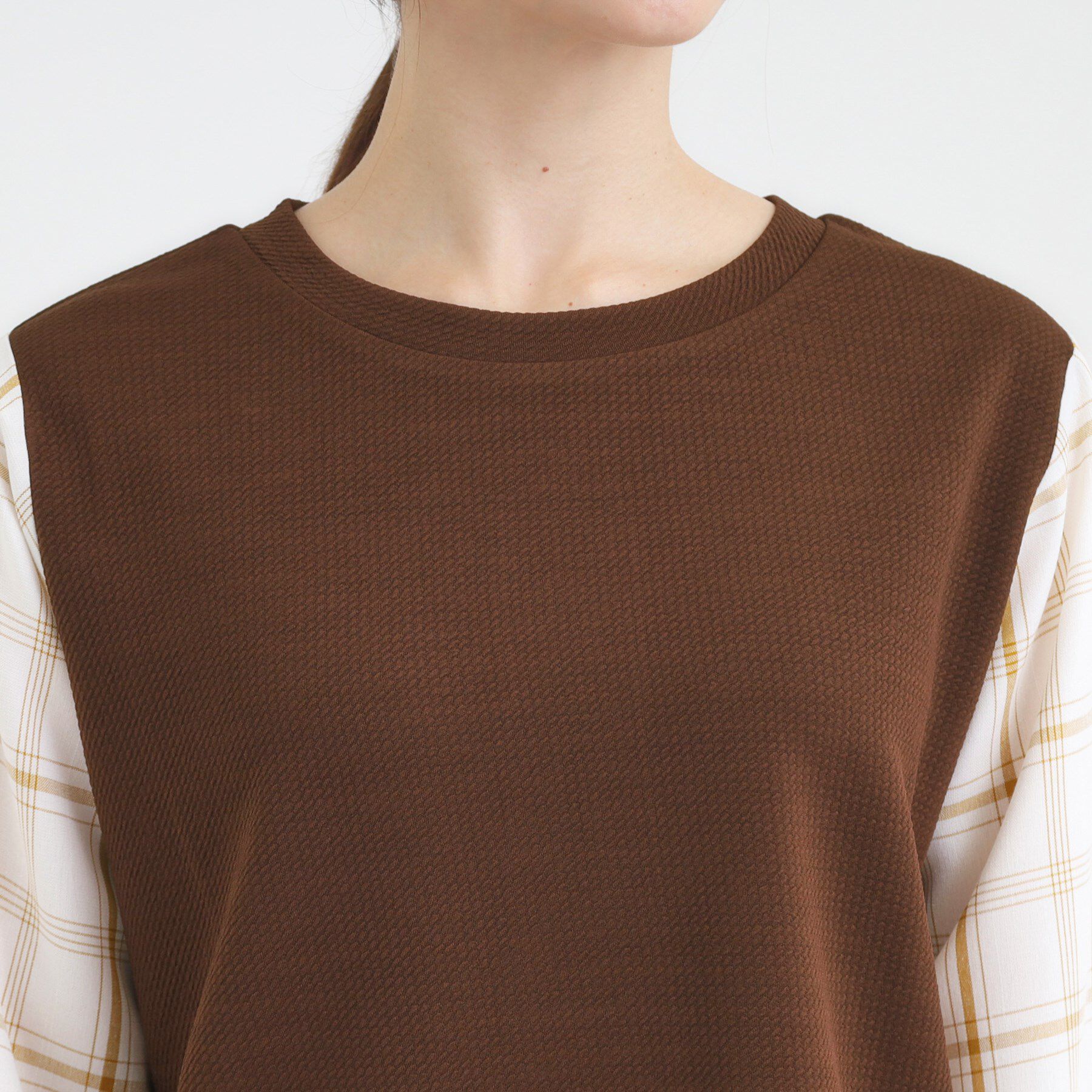 SHOO･LA･RUE「【S-LL】1枚できまる お袖チェック 異素材使いトップス」|シャツ・ブラウス|