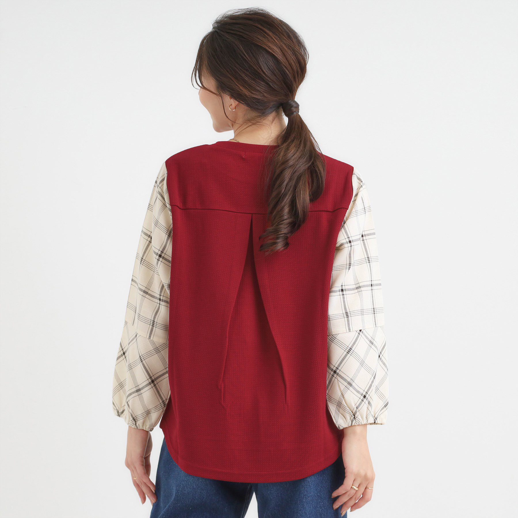 SHOO･LA･RUE「【S-LL】1枚できまる お袖チェック 異素材使いトップス」|シャツ・ブラウス|