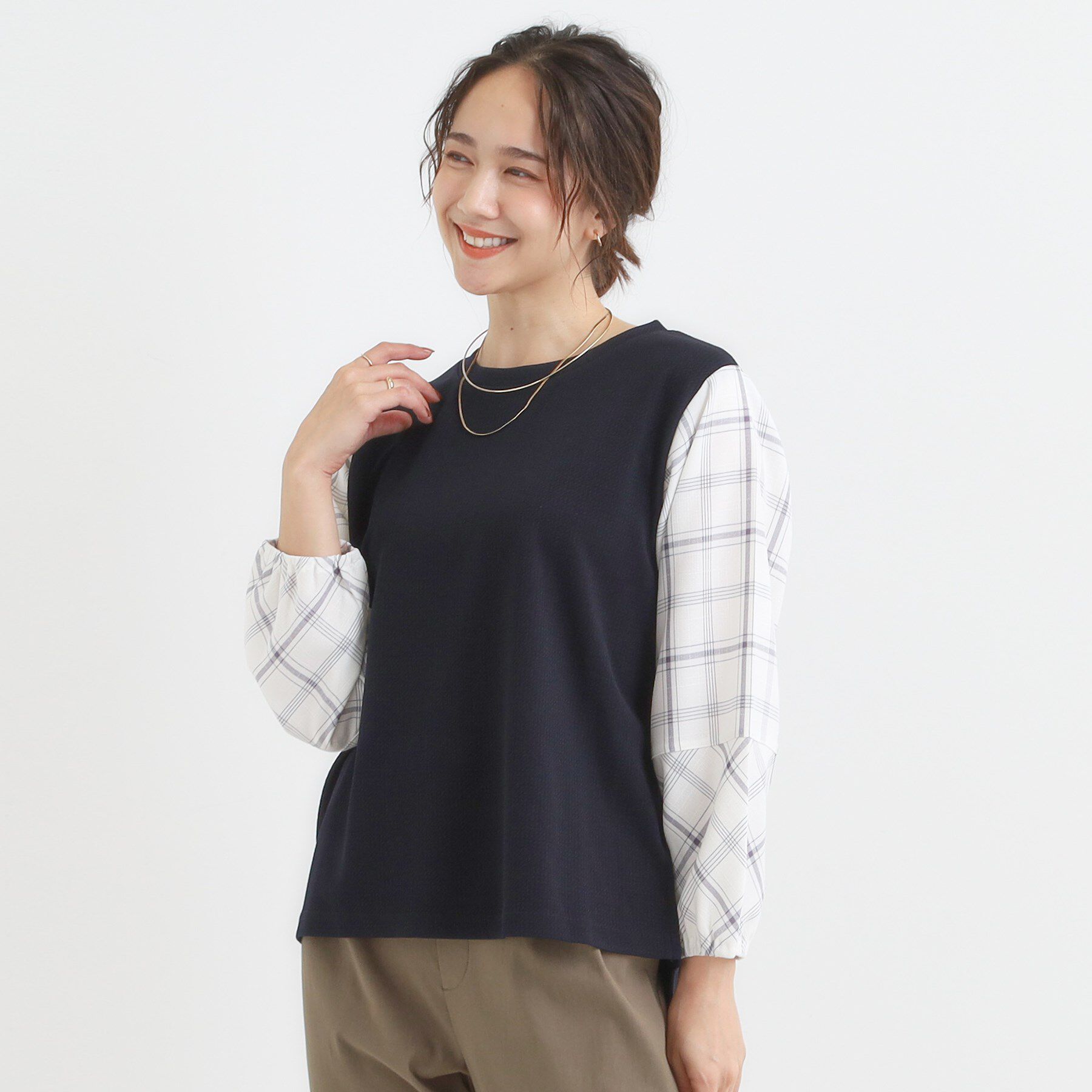 SHOO･LA･RUE「【S-LL】1枚できまる お袖チェック 異素材使いトップス」|シャツ・ブラウス|