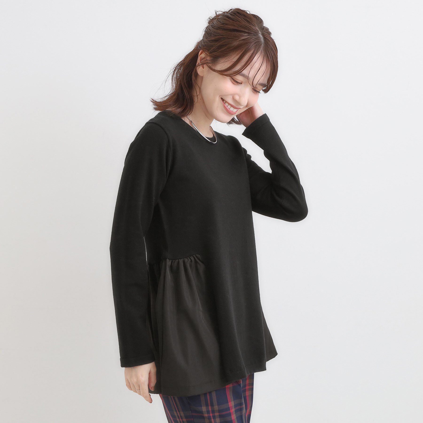 SHOO･LA･RUE「【洗濯機可/S-LL/体型カバー】異素材きりかえ Aラインニット」|ニット・セーター|