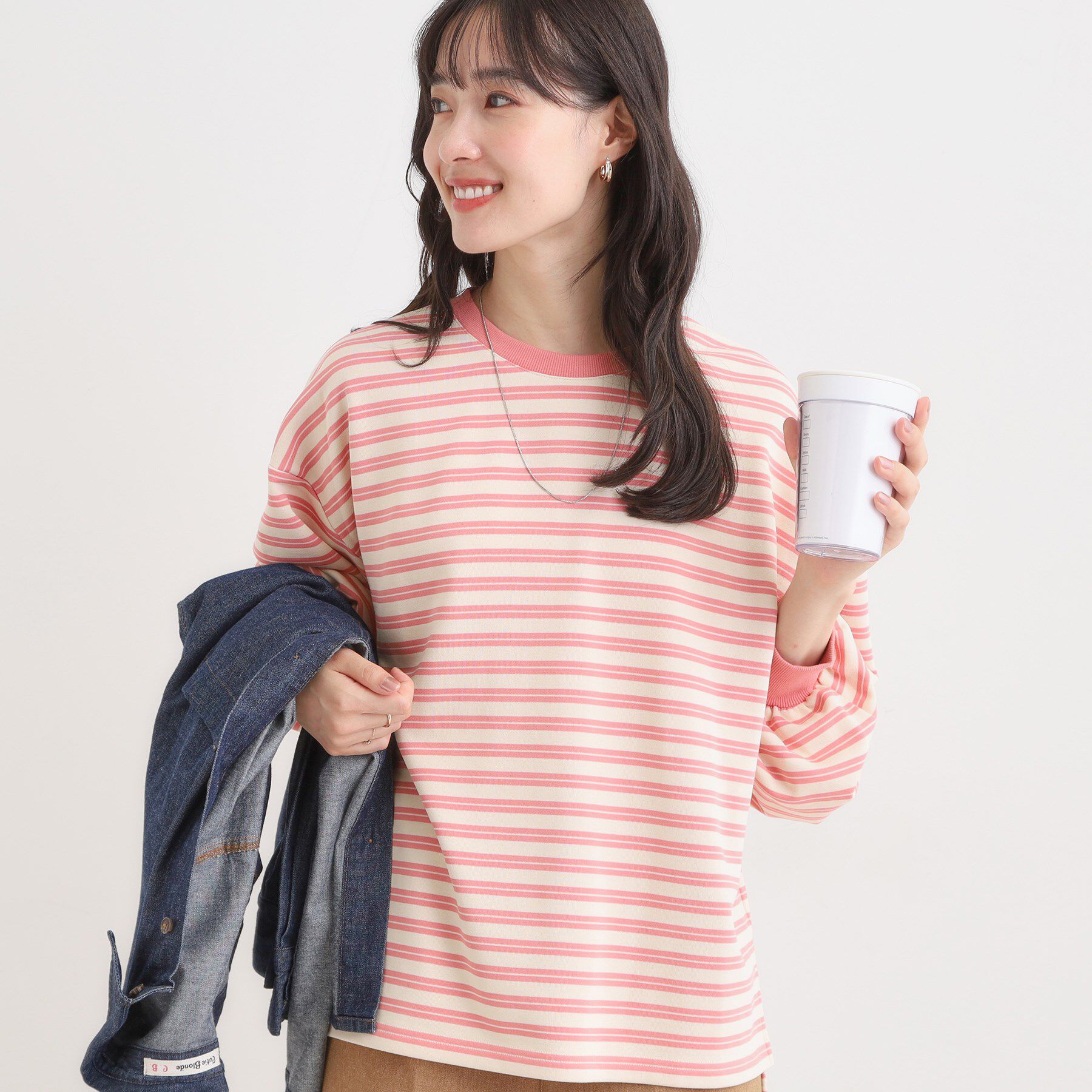 SHOO･LA･RUE「【S-LL/洗濯機可】マルチボーダー ミニ裏毛トップス」|Tシャツ・カットソー|ピンク(372)